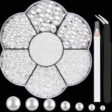 6000PCS White Flat Back Half Round Pearls – Mixed Sizes Nail Art Kit With Picking Tools For Graduation Cap, Face & Body Makeup, DIY Crafts & Salon Use - [03-6000pcs white] - 查看 1