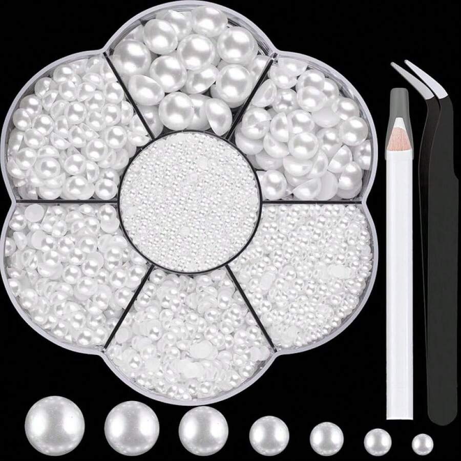 6000PCS White Flat Back Half Round Pearls – Mixed Sizes Nail Art Kit With Picking Tools For Graduation Cap, Face & Body Makeup, DIY Crafts & Salon Use - [03-6000pcs white] - 查看 1