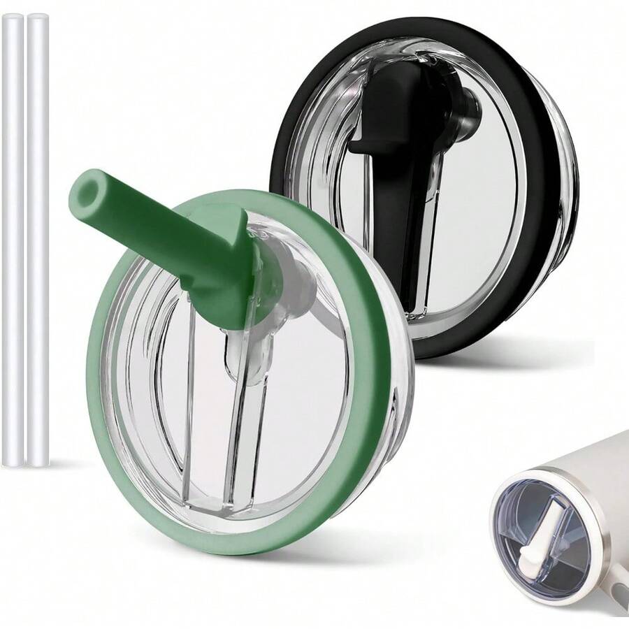2 PCS 40oz Spill Proof Tumbler Flip Straw Lid For Cup, Leak Proof Tumbler Lid Replacement Fit For , Reusable Tumbler Cover 40oz Cup Accessories - black+dark green - 查看 1