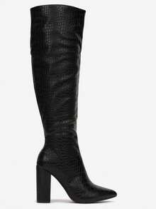 Moda feminina textura de jacaré bico fino moda botas de salto alto - Preto - Ver 5