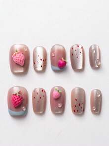 50 Peças Decorações de Arte de Unhas Fofinhas de Morango, Acessórios de Unhas 3D Rosa Pastel Frutas Realistas, Joias de Unhas, Suprimentos de Unhas - Multicolorido - Visão 2