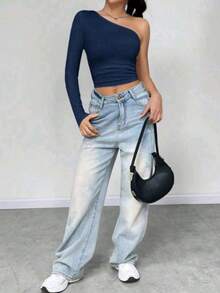 Women's Cropped Top T-Shirt Blouse With One-Shoulder Neckline Suplex Fabric Ideal For Going Out On Casual Romantic Elegant And Sophisticated Dates - 藏蓝色 - 查看 6