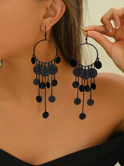 1 Pair Vintage Metal Asymmetrical Circle Geometric Drop Earrings With Butterfly & Tassel Decor, Elegant Fashion Jewelry For Daily Wear