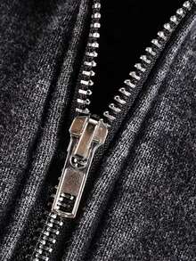 LQTY 棉质秋冬女装纯色个性图案印花街头韩版舒适复古基础时尚通勤百搭 Y2k 服装女装适合户外休闲常规小众朋克风格黑色修身水洗拉链夹克 - 黑色 - 查看 5