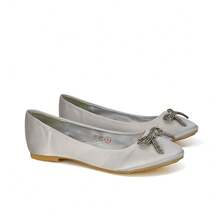 XY LONDON Rory Women's Diamante Bow Ballerina Shoes, Plain, Satin, Slip On, Gemstone, Ivory, White, Navy Blue, Silver, Wedding, Party, Autumn/Winter - Silver - View 1