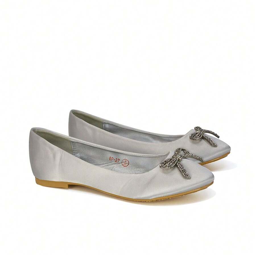 XY LONDON Rory Women's Diamante Bow Ballerina Shoes, Plain, Satin, Slip On, Gemstone, Ivory, White, Navy Blue, Silver, Wedding, Party, Autumn/Winter - Silver - View 1