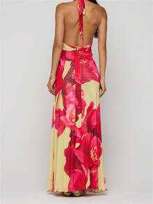 Womens Boho Floral Print Halter Maxi Bodycon Dress Summer Sexy Backless Flowy Long Dresses Beach Vacation Sundress - 紅色 - 查看 2