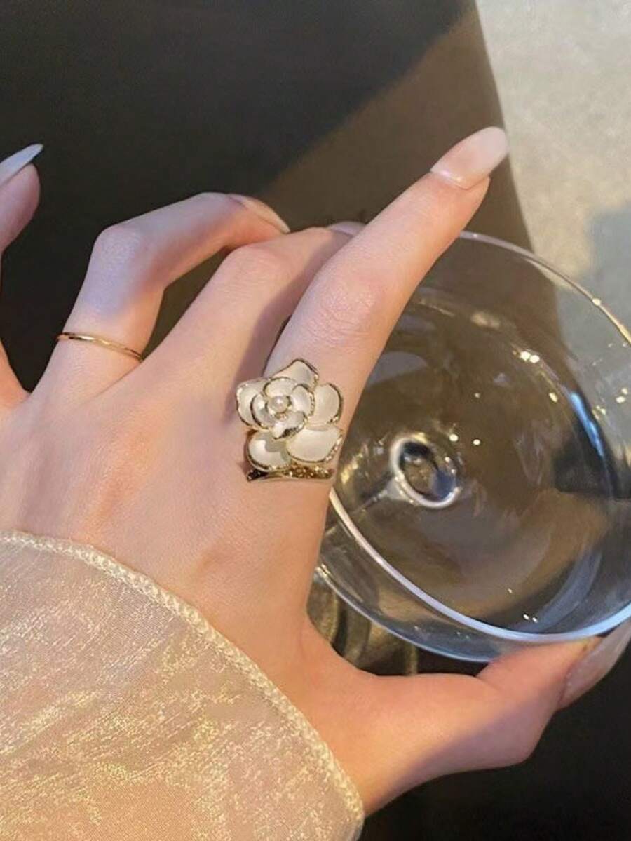 1pc Camellia Flower & Pearl Adjustable Ring, Elegant Drip Glaze Pearl Sophisticated Vintage Boho Ring