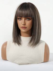 女士棕色渐变直刘海假发 - 耐热哑光纤维材质，配玫瑰网帽 - 春节、情人节、母亲节、生日等节日的完美礼物，适合日常和节日佩戴，是日常、假日旅行和节日美容必备的理想之选，也是万圣节和圣诞节的绝佳礼物。 - 挑染棕色 - 查看 4