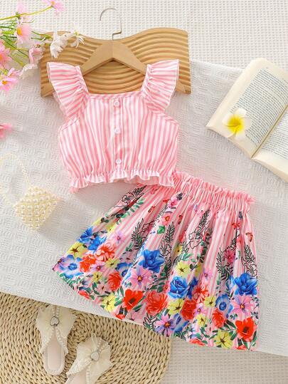 2pcs Young Girls Summer Outfit: Floral & Stripe Print Flutter Sleeve Button Decor Top And Floral Printed + Solid Color Sleeveless A-Line Skirt Set