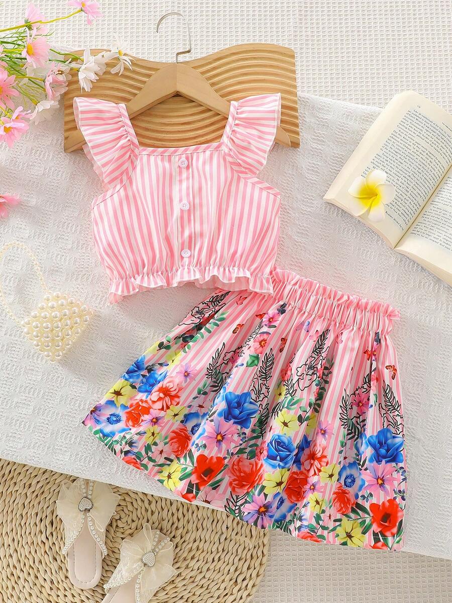 2pcs Young Girls Summer Outfit: Floral & Stripe Print Flutter Sleeve Button Decor Top And Floral Printed + Solid Color Sleeveless A-Line Skirt Set - Pink - View 1