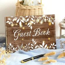 2025Hot SaleWood Grain Wedding Guest Book With Pen Wedding Decor Birthday Rustic Leaves Visitors Book Anniversary Funeral White Leaves Bridal Shower Wood Grain Guestbook Signing Rustic Decor