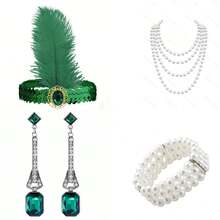 4 件套 1920 年代轻佻女郎头饰新娘婚礼派对发饰、头带、发夹、手套派对服装装饰女士万圣节 - 彩色 - 查看 12