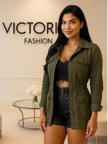 Parka Coat In Bengaline Simple Casual Button Pocket Drawstring - Verde militar - Ver 1