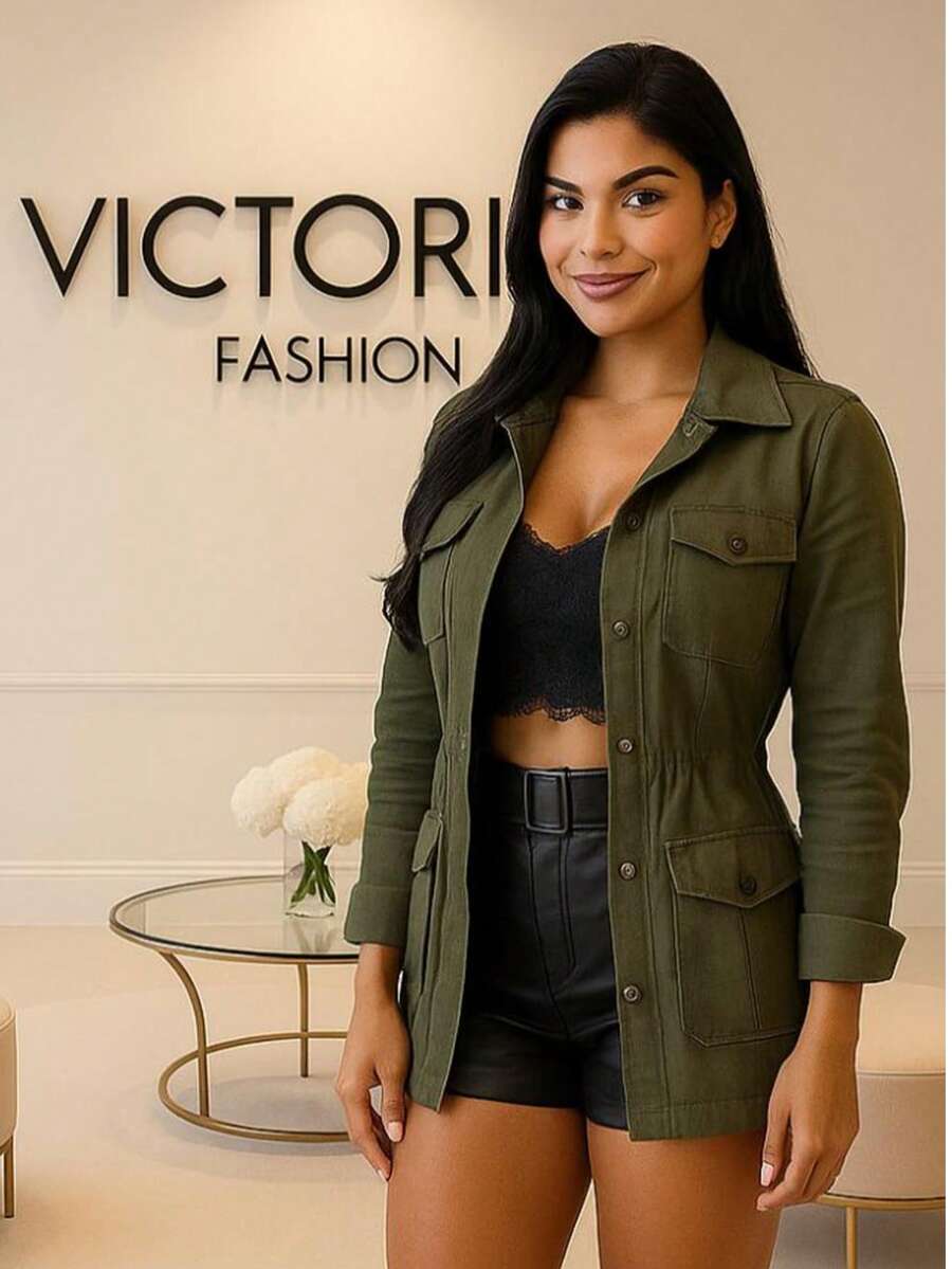 Parka Coat In Bengaline Simple Casual Button Pocket Drawstring - Verde militar - Ver 1