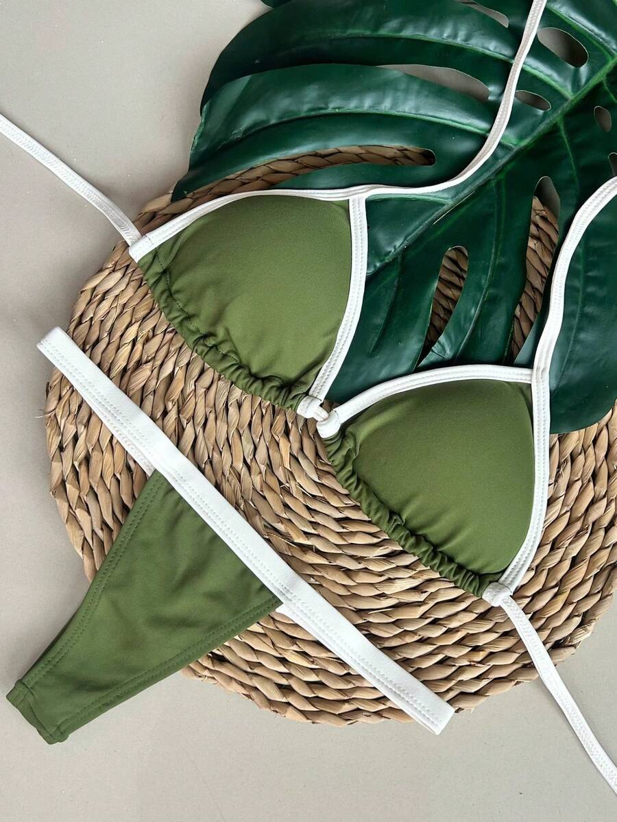 String Bikini With Ribbon/Thong - 軍綠色/關閉 - 查看 1