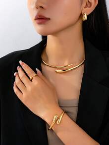 1 Bộ trang sức vòng tay, nhẫn, vòng cổ, hoa tai bằng hợp kim hình giọt nước kim loại thanh lịch, thích hợp cho các bữa tiệc, dạ hội và hẹn hò, một món quà thanh lịch cho bạn gái - Bạc - Xem 13