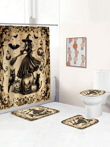 1 Stücke/4 Stücke Halloween Hexe Bad Kürbis Vorhang Dekoration, schönes Einweihungsgeschenk, moderne Heimdekoration, wasserdichter Duschvorhang und Toiletten-Bodenmatte Drei-Teile-Set mit 12 Duschvorhangösen Schulanfang