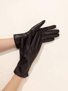 1 双纯色优雅休闲 PU 皮革刺绣全指触屏女士手套，成人时尚保暖手套，适合所有季节，秋冬季，户外骑行，仿羊皮 - A - 查看 9