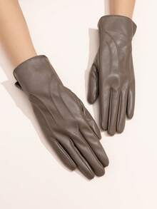 1 双纯色优雅休闲 PU 皮革刺绣全指触屏女士手套，成人时尚保暖手套，适合所有季节，秋冬季，户外骑行，仿羊皮 - A - 查看 5