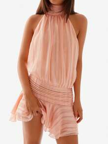 Women Mini Halter Neck Dress Pleated Sleeveless Open Back A-Line Layered Ruffle Short Dress - Orange - View 3
