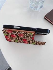 1pc Cherries, Leopard, Leaves Pattern Card Holder Mobile Phone Case, Leather Mobile Phone Case, Wallet Mobile Phone Case, Multifunctional Mobile Phone Case That Can Store Credit Card, Bank Card And Coins, Suitable For All Models Of Apple Mobile Phones, Can Be Used For Apple 11/12/13/14/15/16/Pro/Plus/Pro Max/16e Mobile Phone Case - 棕色 - 查看 3