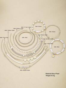 17KM 12 件简约心形和雏菊仿珍珠手链套装，女士节日约会礼物日常休闲夏季配饰 - 銀色-12件 - 查看 4