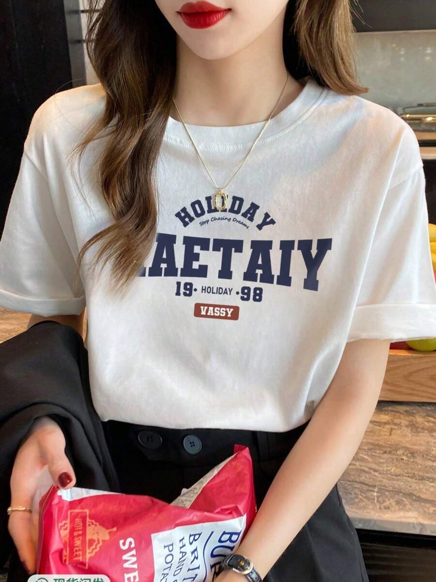 200g Pure Cotton T-Shirt 2025 Summer Ladies New Short Sleeve Pure Cotton Holiday Pattern Short Sleeve Round Neck Couple Wear Small Shirt Tops - 白色 - 查看 1