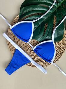 String Bikini With Ribbon/Thong - Bleu/blanc - Voir 1