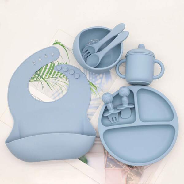 8pcs Baby Feeding Set, Silicone Plate Bowl Cup Spoon Fork Bib, Anti-Drop, Suitable For Infants And Toddlers