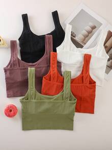 Set de 5 piezas de top corto tipo camiseta con sujetador deportivo acolchado, para uso diario de mujer - Multicolor - Ver 2