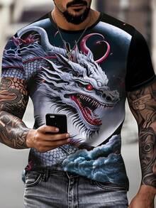 男士简约 3D 龙图案印花圆领短袖数字 T 恤，夏季 - 黑色 - 查看 1