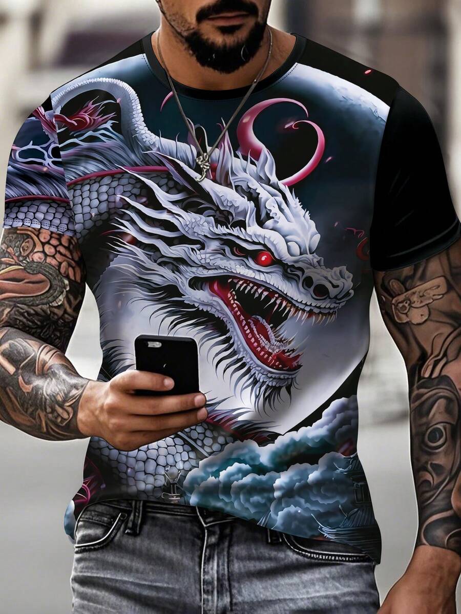 男士简约 3D 龙图案印花圆领短袖数字 T 恤，夏季 - 黑色 - 查看 1