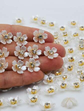 200/100/50/30pcs 14mm 5-Petal Crape Myrtle Flowers, Gold Base Claw Crystal Resin Flowers, For Clothing Decoration, Handicrafts, Gifts, Crafting Hobbies, Rhinestones