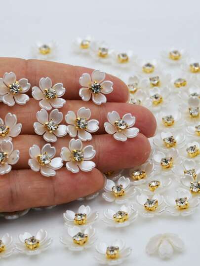 200/100/50/30pcs 14mm 5-Petal Crape Myrtle Flowers, Gold Base Claw Crystal Resin Flowers, For Clothing Decoration, Handicrafts, Gifts, Crafting Hobbies, Rhinestones