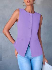 Women's Summer Suit Vest Top Formal Business Casual Sleeveless Button Slimming All Fashion Suit Jacket Vest - 淺紫色 - 查看 4