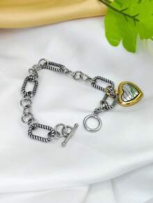 1pc Women's Stainless Steel Heart-Shaped Cable Twisted Compound Bracelet, Fashionable And Elegant Jewelry Accessory Suitable For Daily Wear - Multicolor - View 8