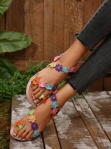 Sandalias planas de verano tipo anillo para el dedo del pie, de estilo bohemio y color oro rosa, para mujer de talla grande