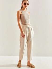 BIANCO LUCCI 女士纯色系腰带口袋宽松亚麻七分裤