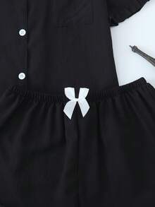 Women's Short-Sleeve Shorts Pajama Set With Ruffle Trim, Solid Color - Black - View 9