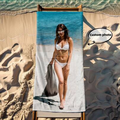 1pc Customizable Photo & Name Beach Towel - Soft Polyester Blend Fabric, Quick Dry & Sand Resistant, Rectangular Pool/Beach Towel Printed With Vibrant Swimwear Pattern - Ideal Personalized Holiday Gift ,Travel Organizer