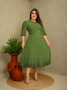 Plain Tulle Godet Dress With Belt 3/4 Sleeve Conservative/Modest Elegant Evangelical Church Fashion Santa Modas - 苔蘚 - 查看 1
