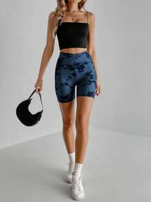 Biker short deportivo ajustado sexy dama mujer tejido stretch estampado tipo reflejo agua pretina elástica bajo recto posterior costura push up ejercicio gym deporte calle diario vacaciones playa día noche cómodo básico - Agua verde azul - Ver 3