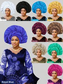 1 件女士纯色重型传统厚鞭夸张头巾帽，非常适合婚礼派对和节日礼物，夸张的 Gele 风格，Doek/Druku 风格，头巾/Hijba 风格， - 彩色 - 查看 13