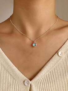 Collar con colgante circular minimalista de plata de ley 925 con dije de color azul claro, joya regalo para mujeres, cadena para la clavícula
