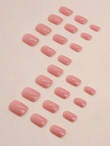 24 件套短椭圆形粉色按压式指甲 - 亮面，纯色，适合休闲装和特殊场合