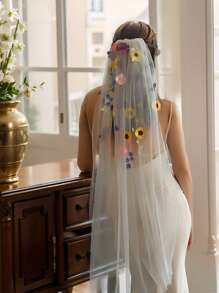 1 pièce Voile de mariée court à couche unique avec peigne, accessoire de mariage pour fête avec broderie florale colorée pour l'extérieur/pelouse