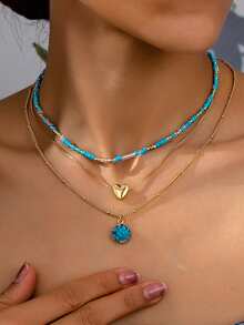 1pc 3-Layer Heart Shaped Pearl Pendant Necklace - Blue - View 1