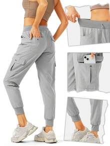Women's Lightweight Hiking Cargo Pants Outdoor Quick Dry Casual Travel Sweatpants Joggers Elastic Waist Button Pockets - Xám băng* - Xem 4