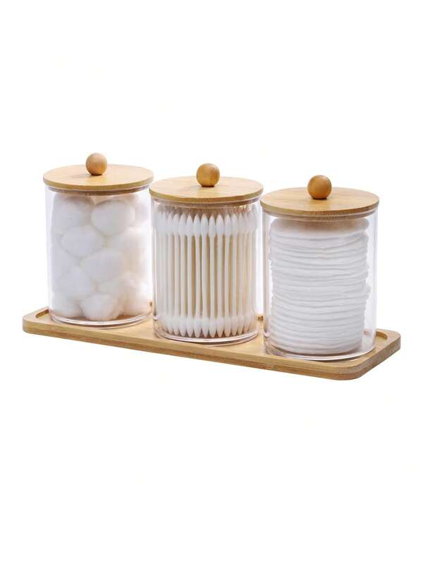 Organizador de baño de 10 Oz con soporte para hisopos/bolas/discos y bandeja de tocador, frasco de medicina para hisopos, organizador transparente, 3 paquetes con tapa de madera